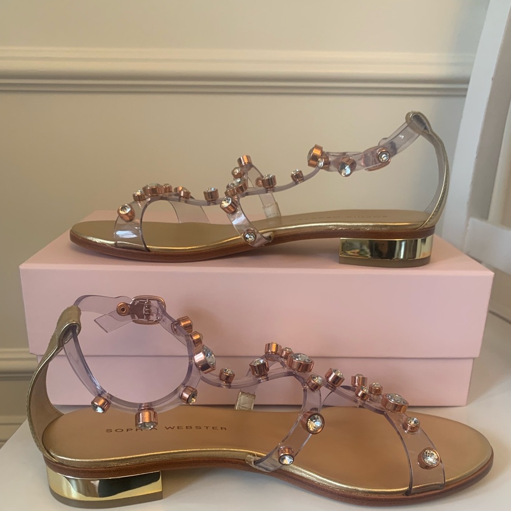 Sophia Webster Dina Flat Sandal Gold Silver rhinestone jelly Sz 39 NEW w/ box - Picture 11 of 16